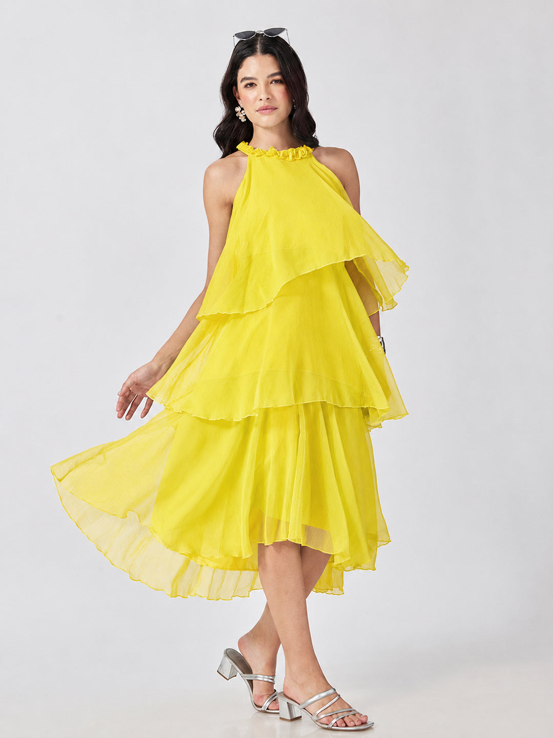 Women’s Yellow Tiered Midi Dress with Ruffled Halter Neck