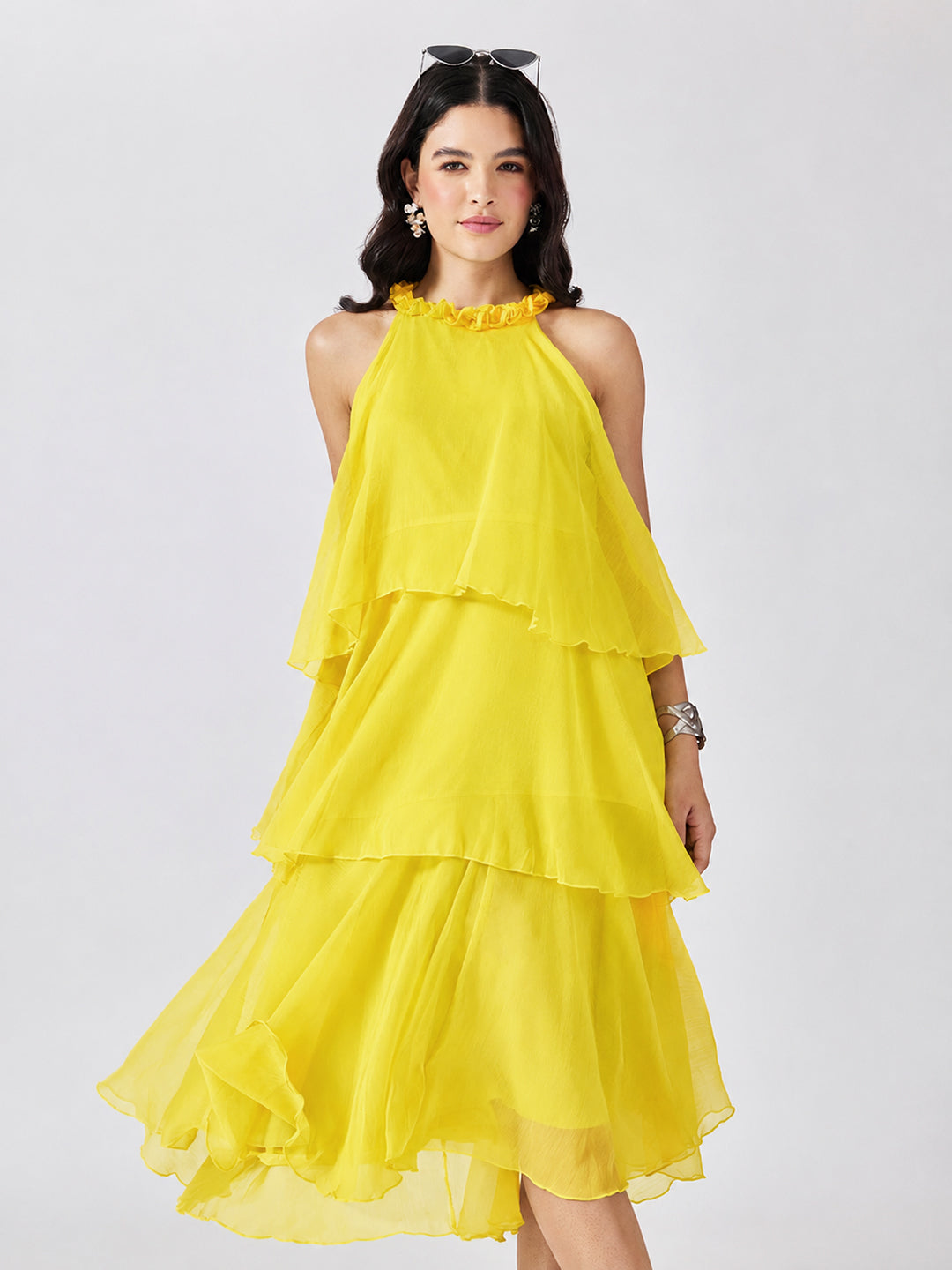 Women’s Yellow Tiered Midi Dress with Ruffled Halter Neck