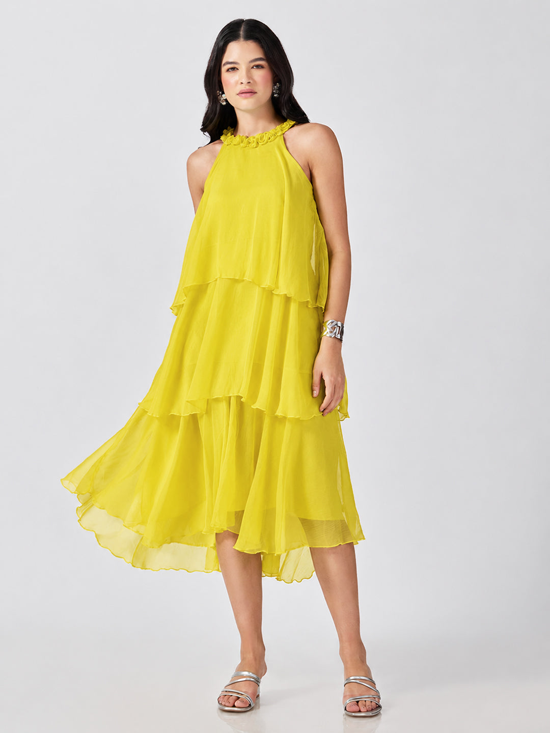 Women’s Yellow Tiered Midi Dress with Ruffled Halter Neck