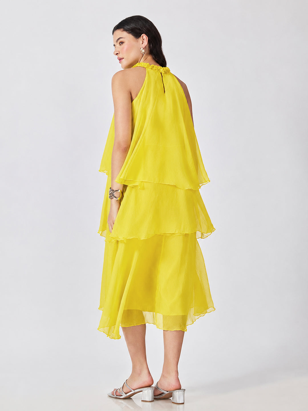 Women’s Yellow Tiered Midi Dress with Ruffled Halter Neck