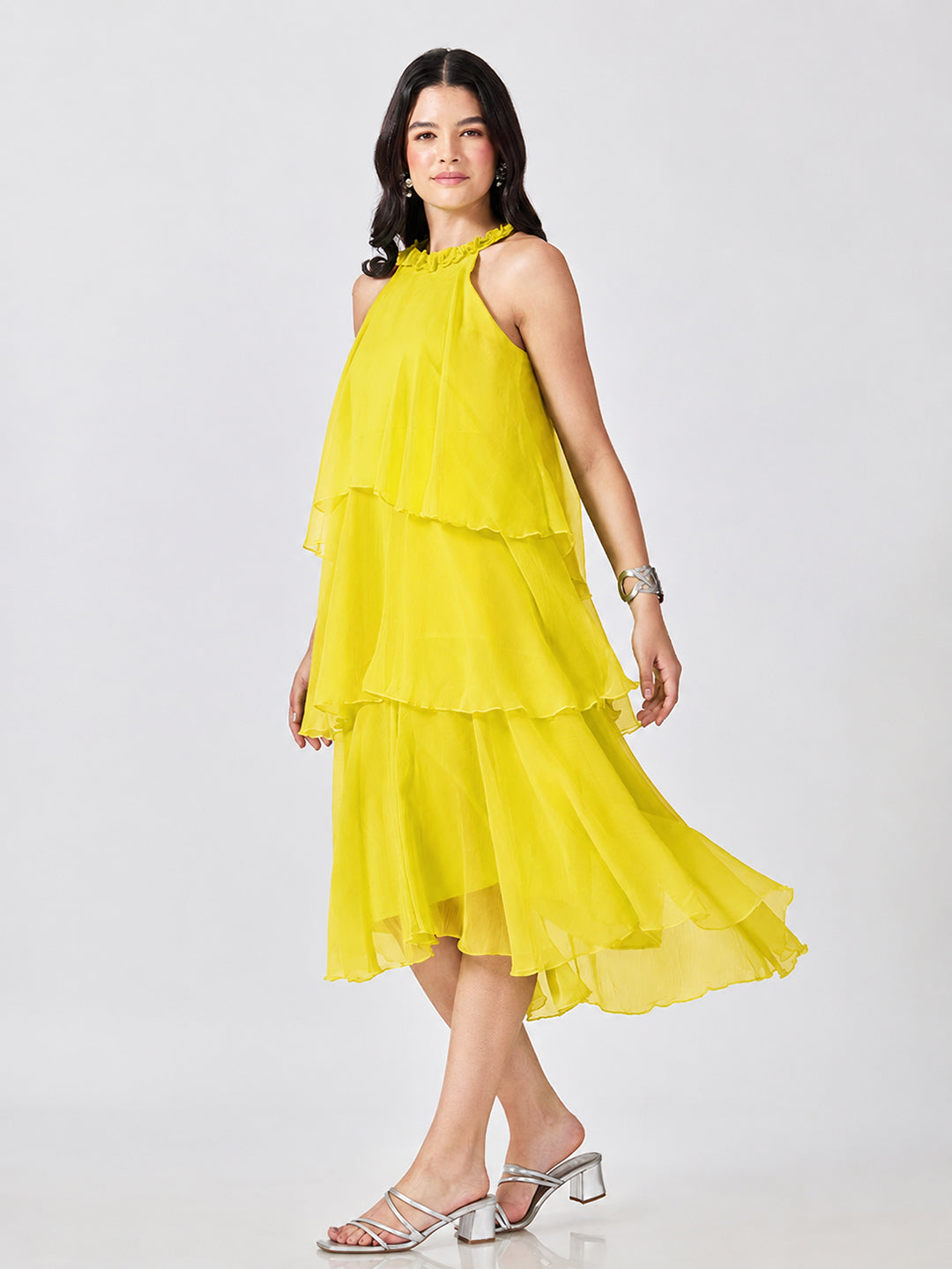 Women’s Yellow Tiered Midi Dress with Ruffled Halter Neck