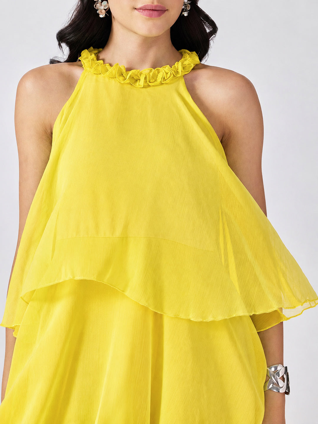 Women’s Yellow Tiered Midi Dress with Ruffled Halter Neck