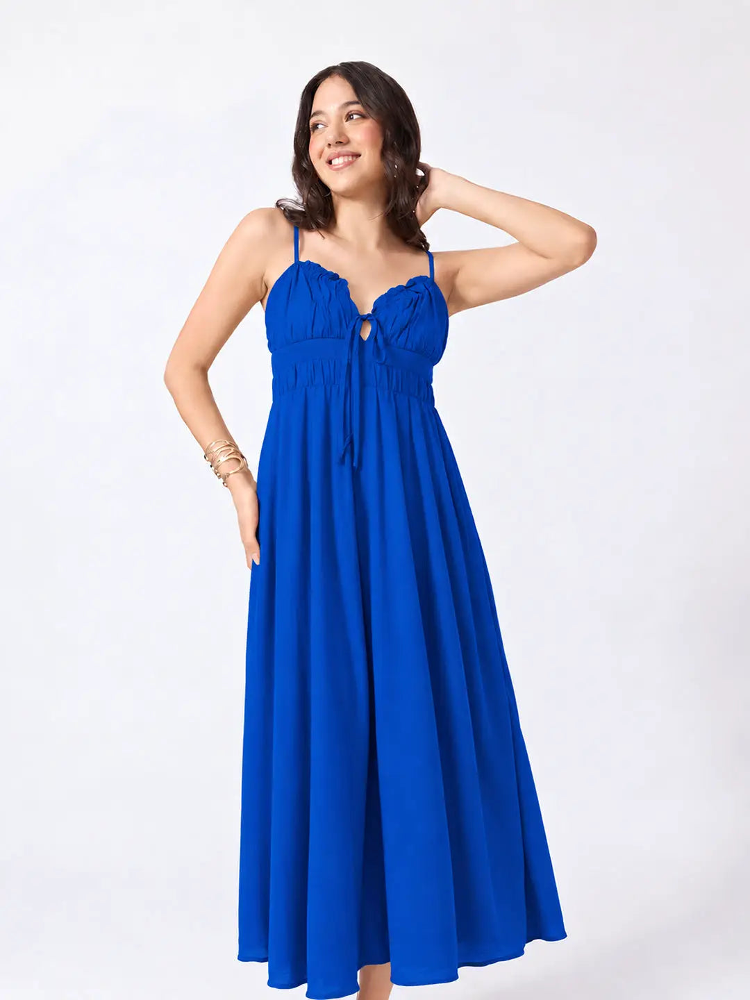 Women's Blue Fit & Flare Midi Dress With Ruched Empire Waist & Shoulder Straps