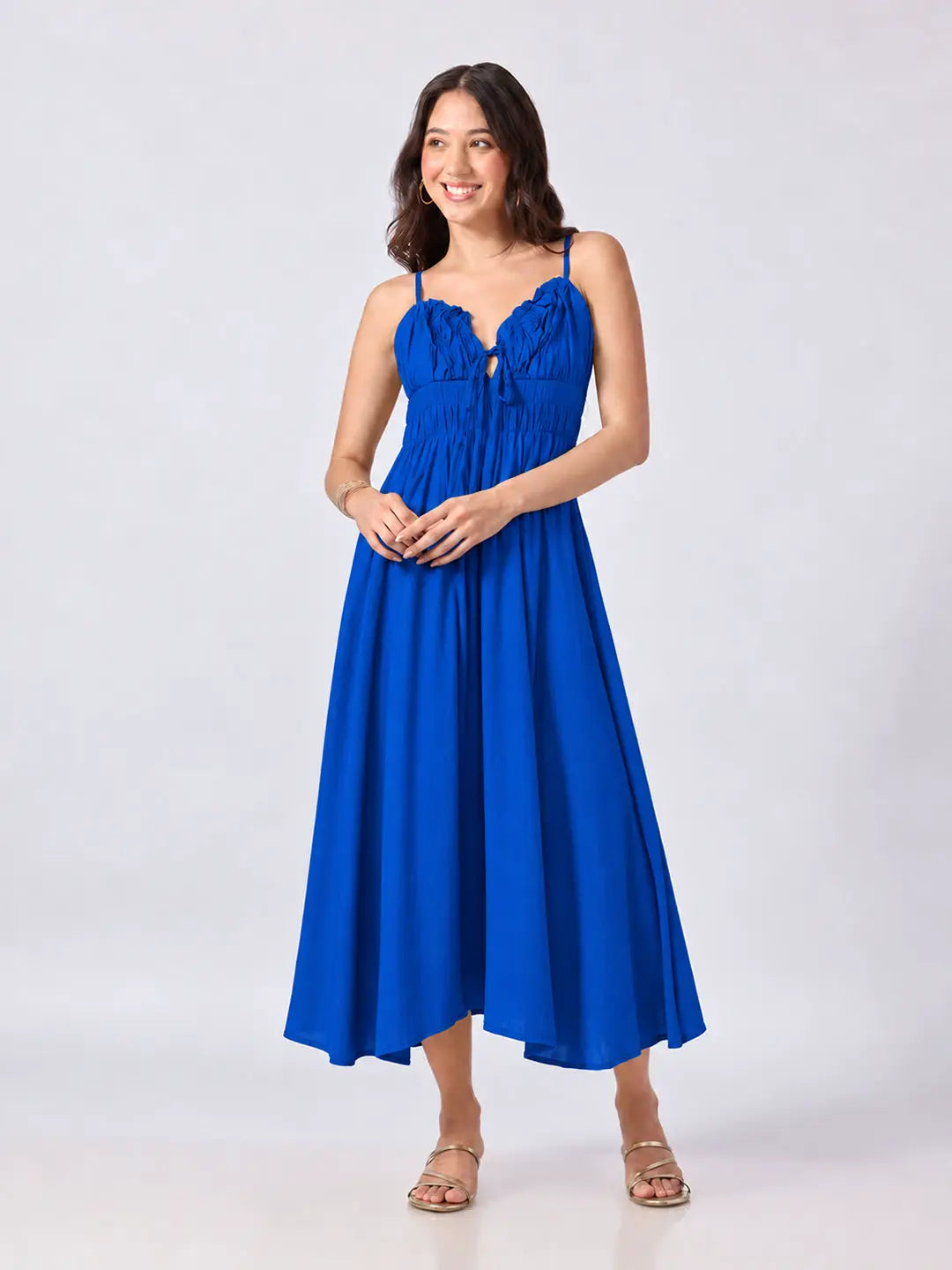 Women's Blue Fit & Flare Midi Dress With Ruched Empire Waist & Shoulder Straps