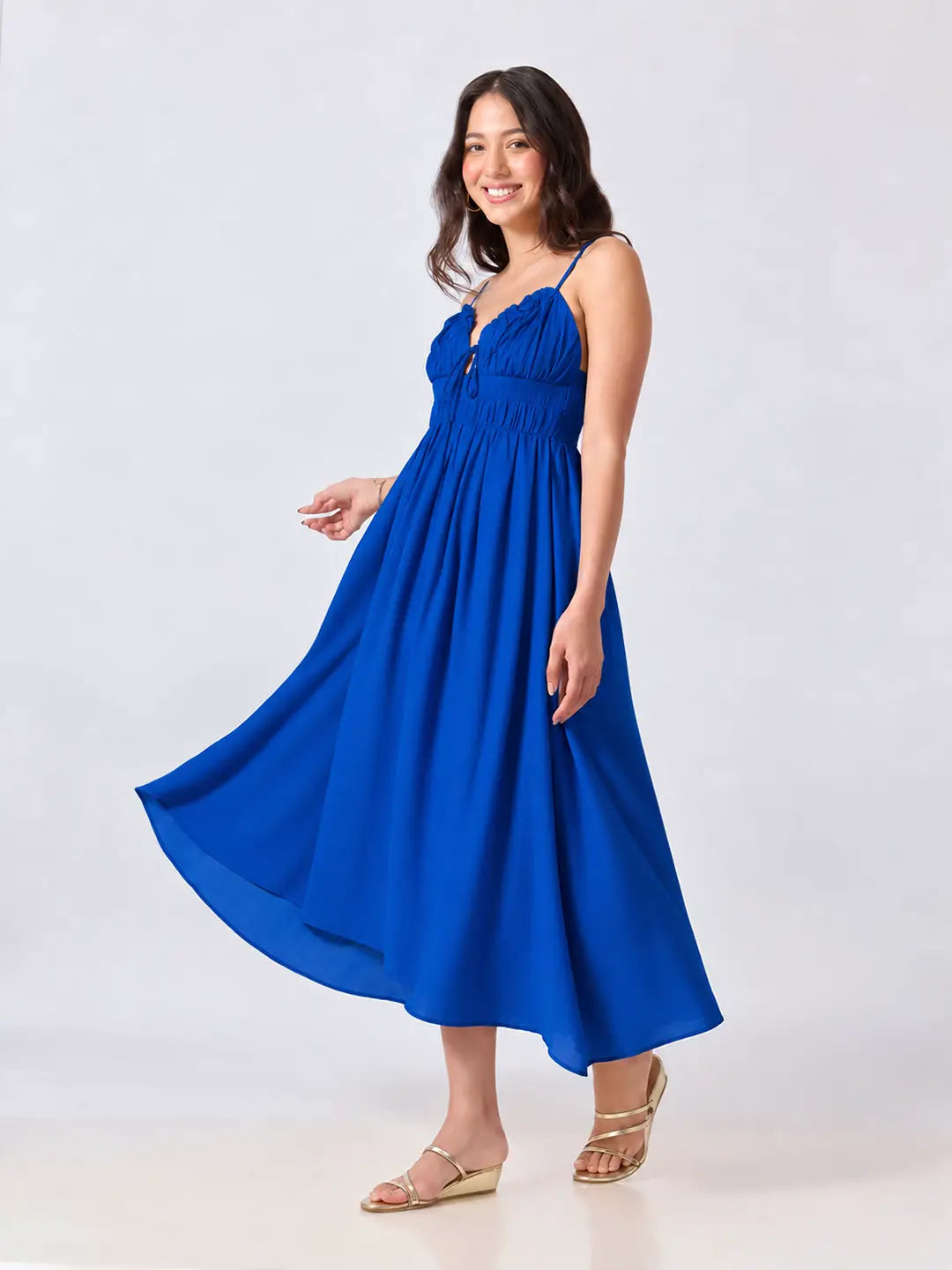Women's Blue Fit & Flare Midi Dress With Ruched Empire Waist & Shoulder Straps