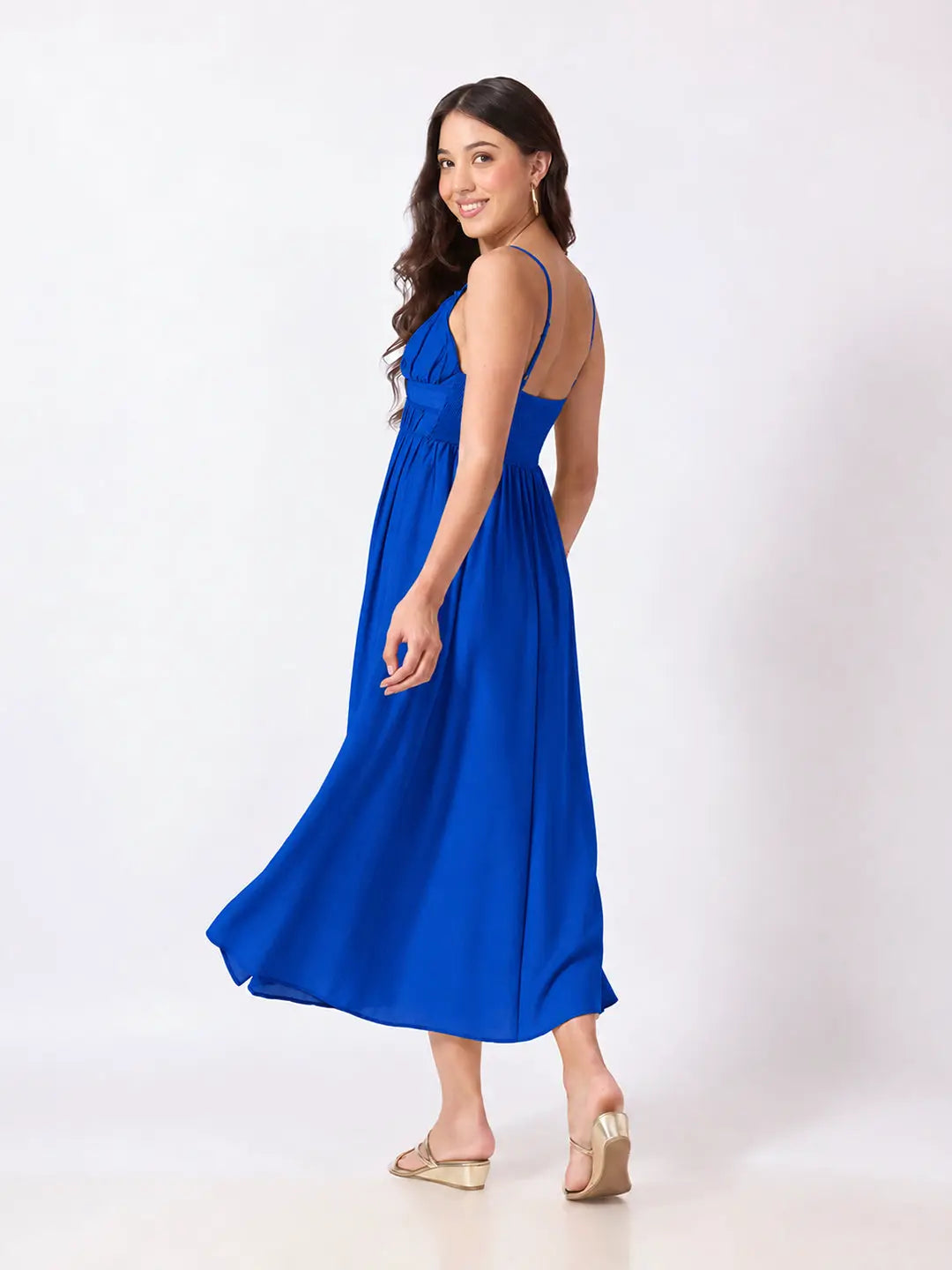 Women's Blue Fit & Flare Midi Dress With Ruched Empire Waist & Shoulder Straps