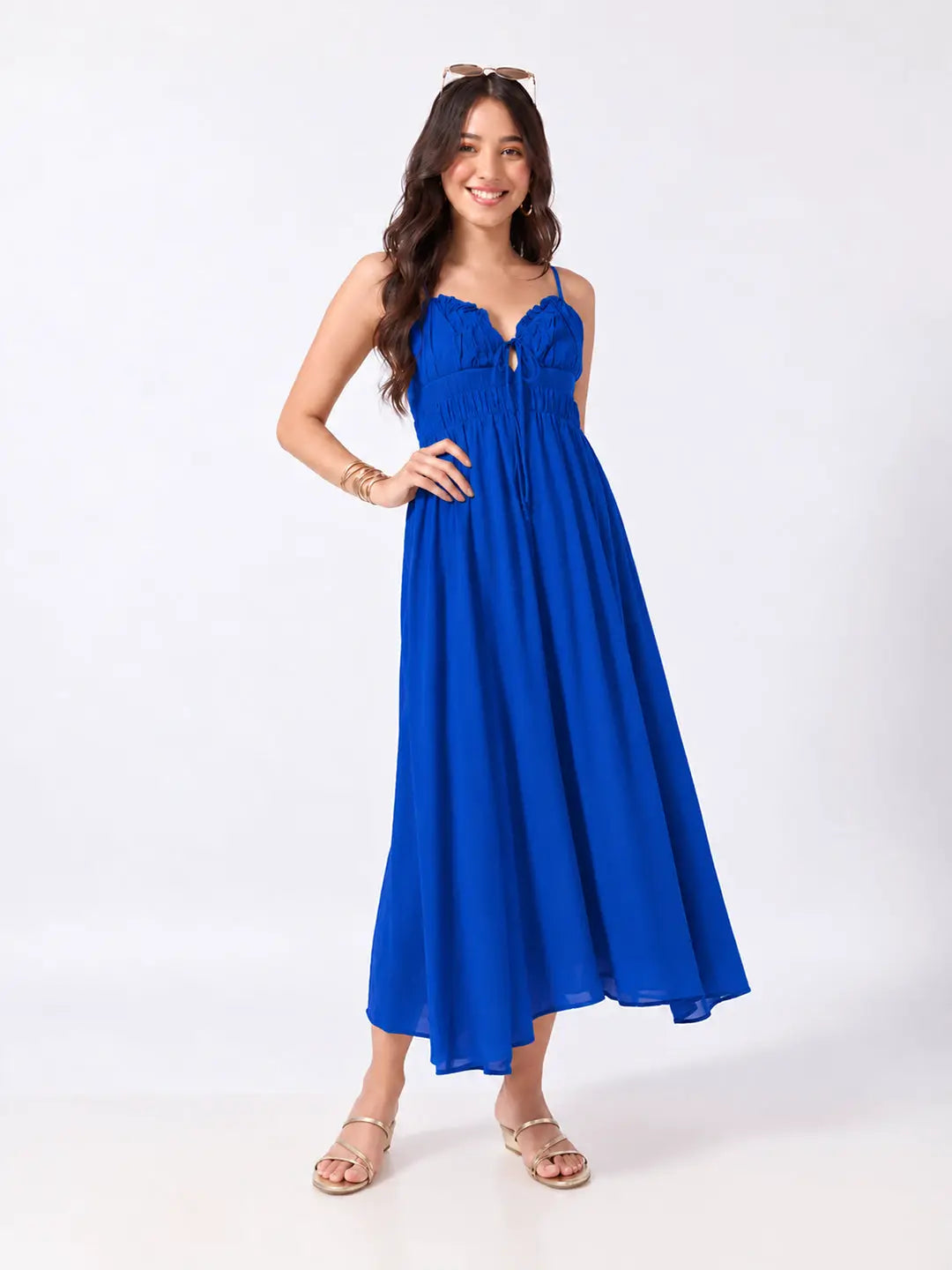 Women's Blue Fit & Flare Midi Dress With Ruched Empire Waist & Shoulder Straps