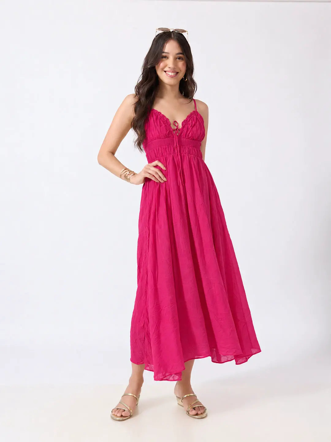 Women's Pink Fit & Flare Midi Dress With Ruched Empire Waist & Shoulder Straps