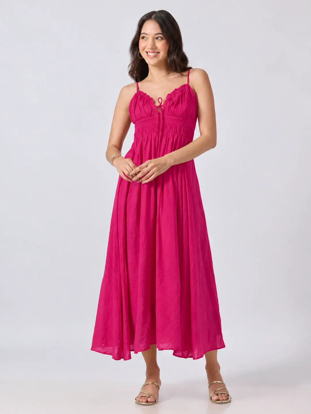 Women's Pink Fit & Flare Midi Dress With Ruched Empire Waist & Shoulder Straps