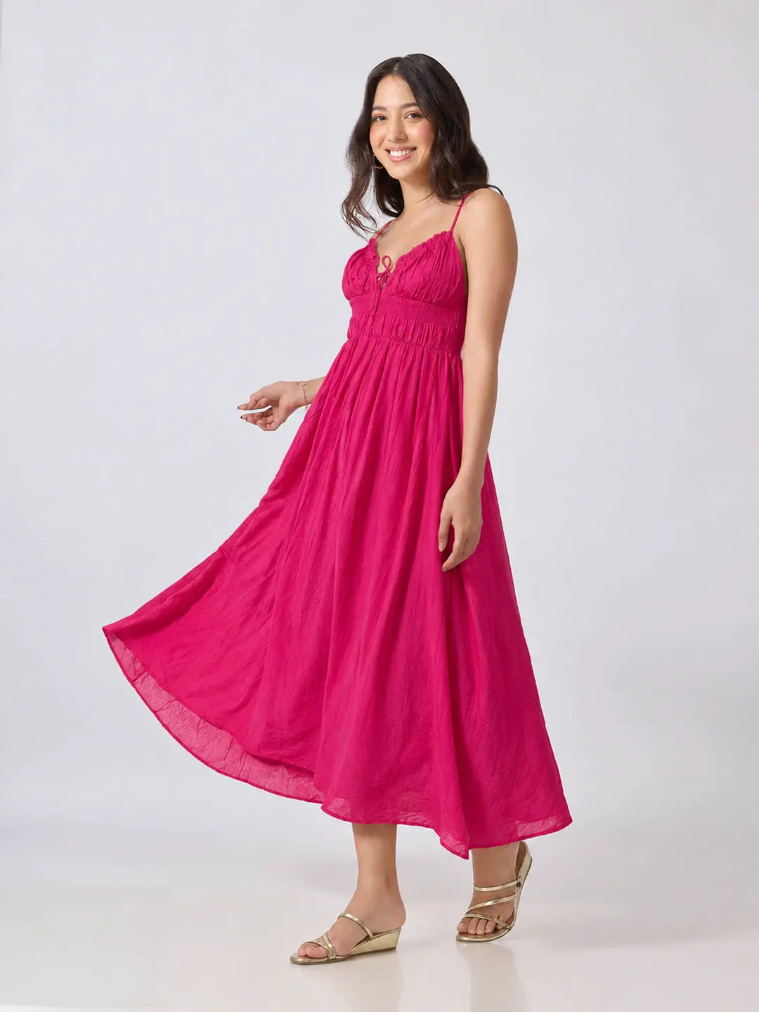 Women's Pink Fit & Flare Midi Dress With Ruched Empire Waist & Shoulder Straps