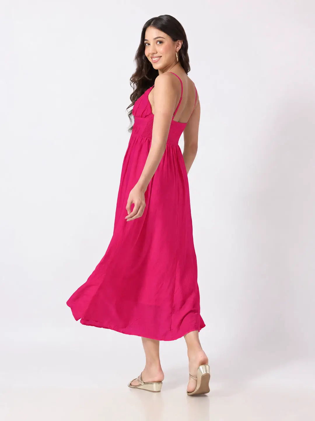 Women's Pink Fit & Flare Midi Dress With Ruched Empire Waist & Shoulder Straps