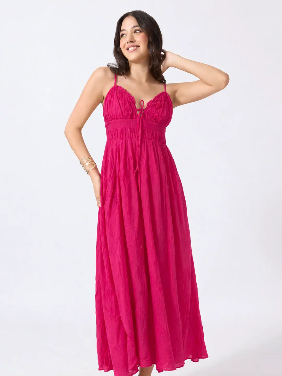 Women's Pink Fit & Flare Midi Dress With Ruched Empire Waist & Shoulder Straps