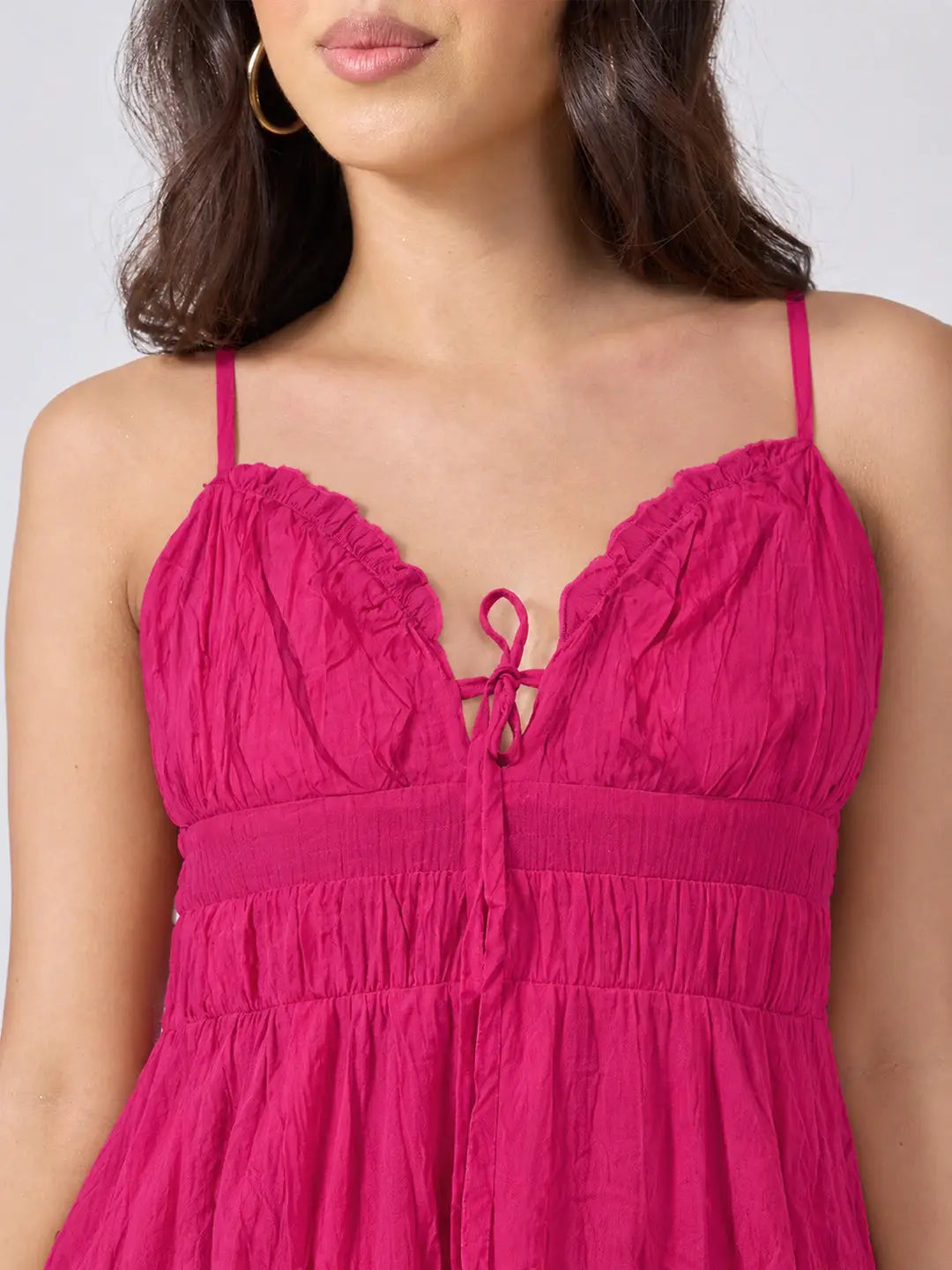Women's Pink Fit & Flare Midi Dress With Ruched Empire Waist & Shoulder Straps