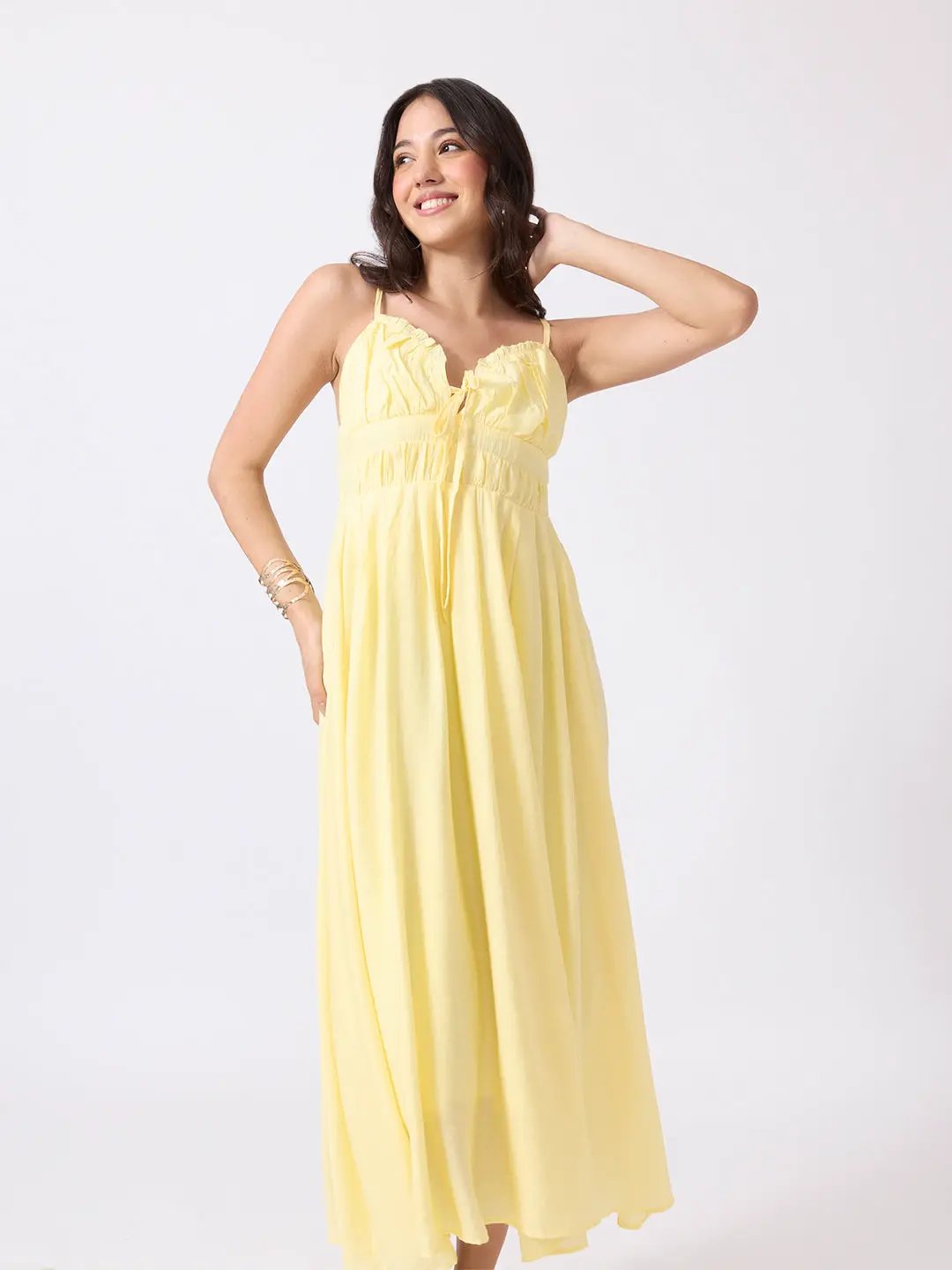 Women's Yellow Fit & Flare Midi Dress With Ruched Empire Waist & Shoulder Straps