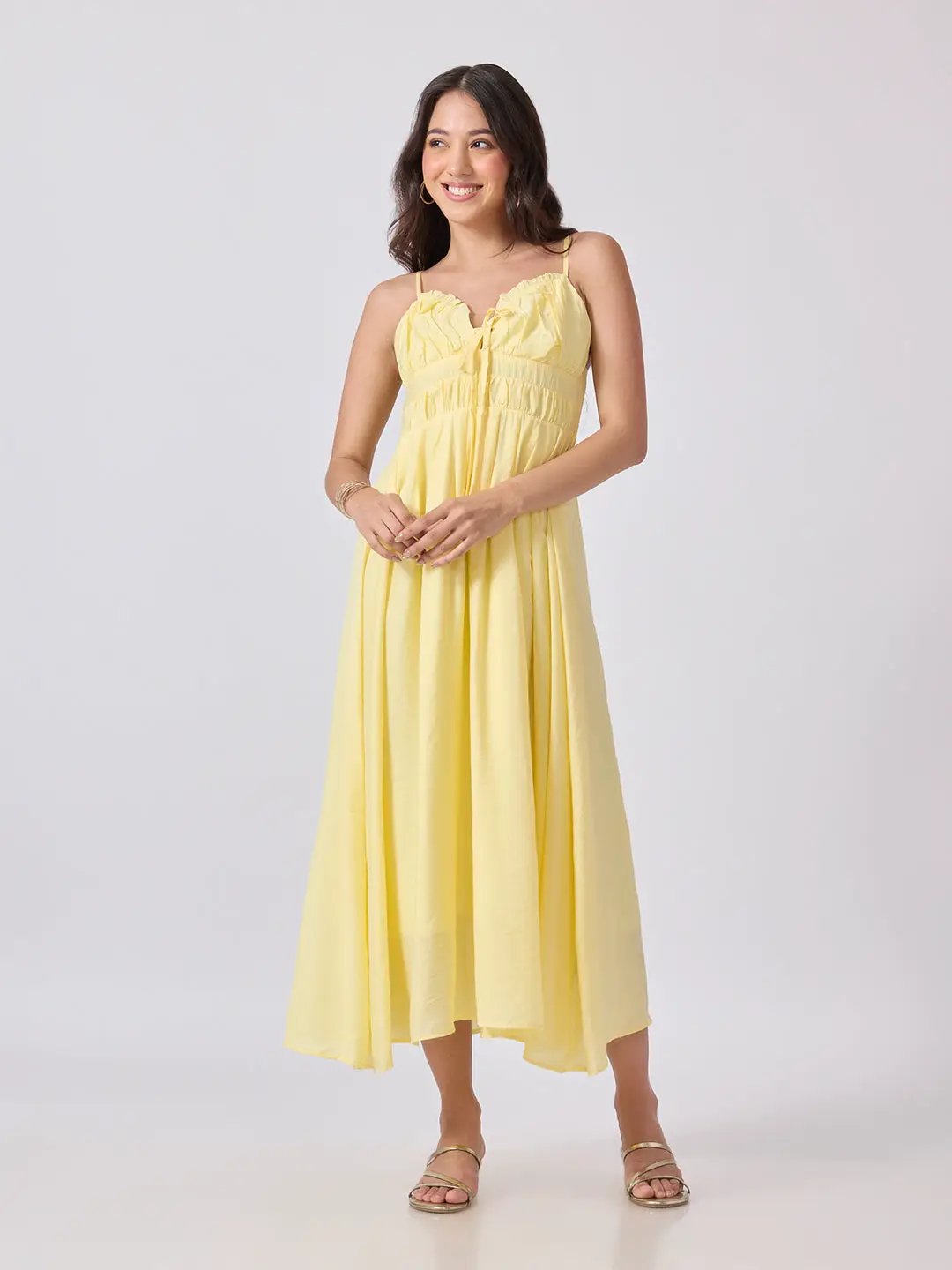 Women's Yellow Fit & Flare Midi Dress With Ruched Empire Waist & Shoulder Straps