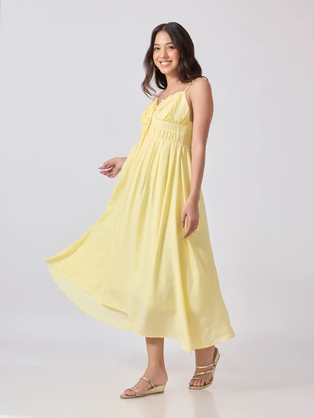 Women's Yellow Fit & Flare Midi Dress With Ruched Empire Waist & Shoulder Straps