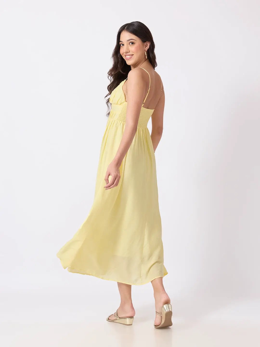 Women's Yellow Fit & Flare Midi Dress With Ruched Empire Waist & Shoulder Straps