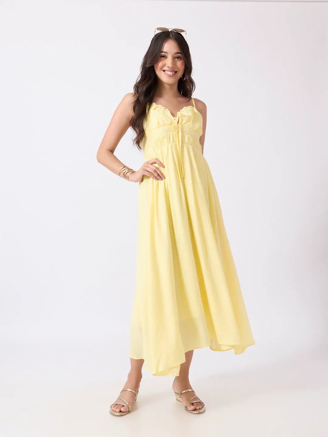 Women's Yellow Fit & Flare Midi Dress With Ruched Empire Waist & Shoulder Straps