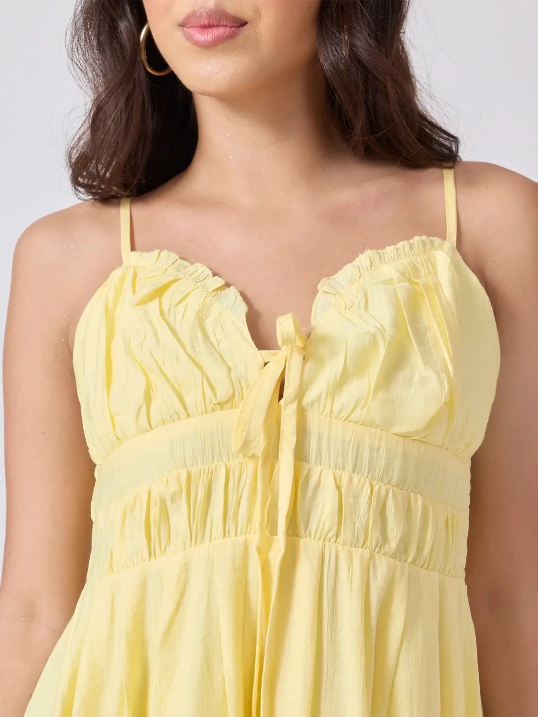 Women's Yellow Fit & Flare Midi Dress With Ruched Empire Waist & Shoulder Straps
