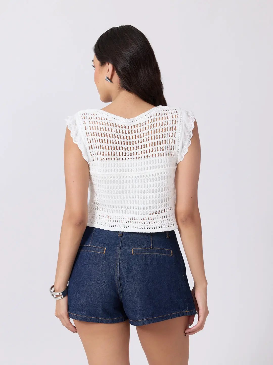 Women's White Crochet Long Sleeve Scalloped Hem Top