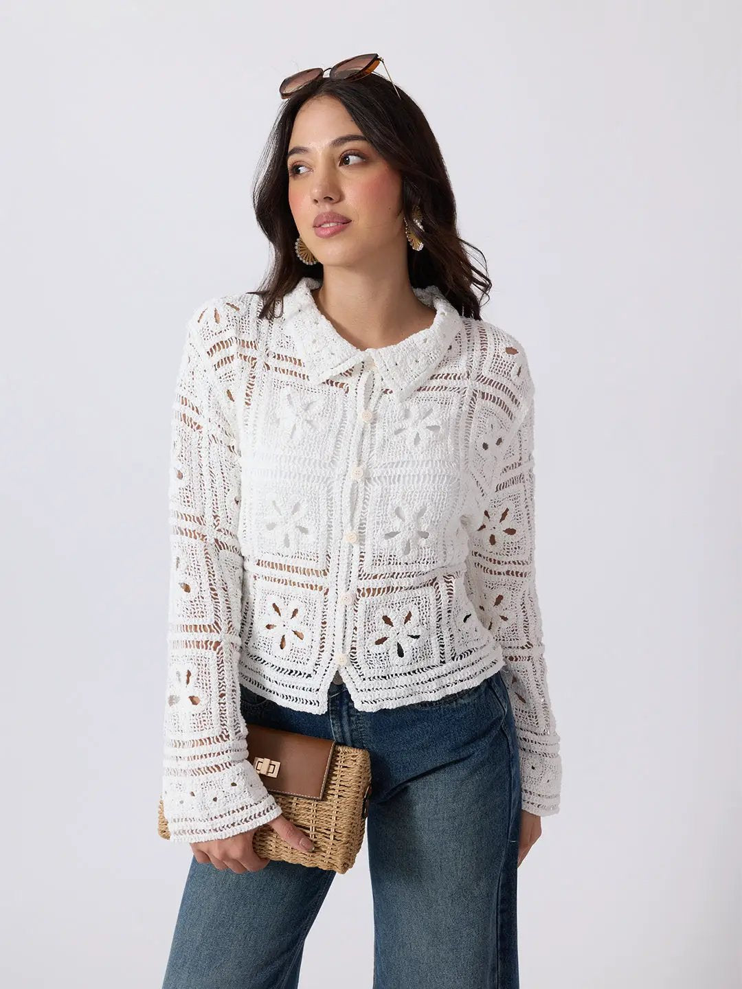 Women's Floral Crochet White Long Sleeves Shirt