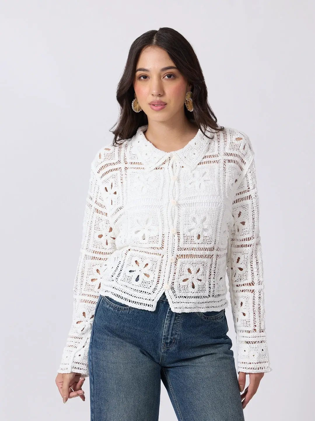Women's Floral Crochet White Long Sleeves Shirt