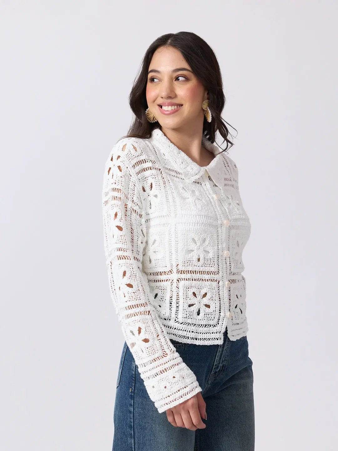 Women's Floral Crochet White Long Sleeves Shirt