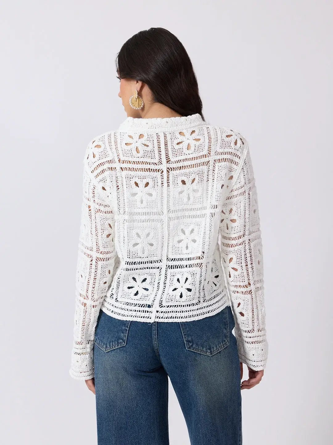 Women's Floral Crochet White Long Sleeves Shirt