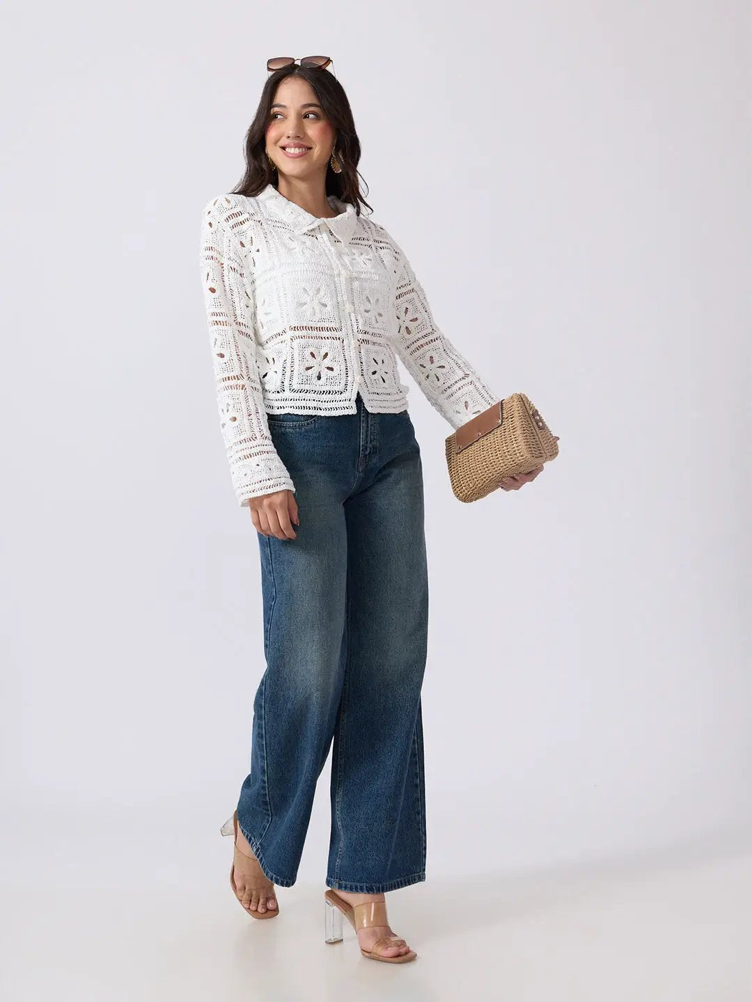 Women's Floral Crochet White Long Sleeves Shirt