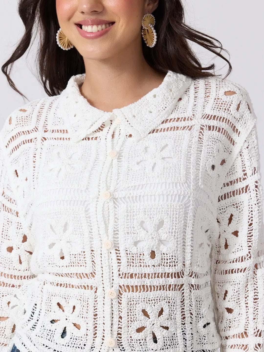 Women's Floral Crochet White Long Sleeves Shirt