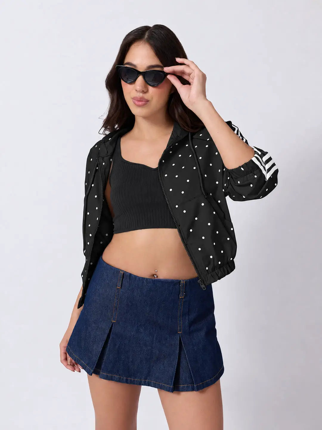 Women's Polka Dot Black Cropped Hooded Zip Up Jacket with Striped Sleeves