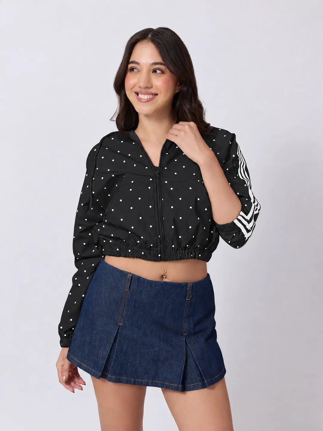 Women's Polka Dot Black Cropped Hooded Zip Up Jacket with Striped Sleeves