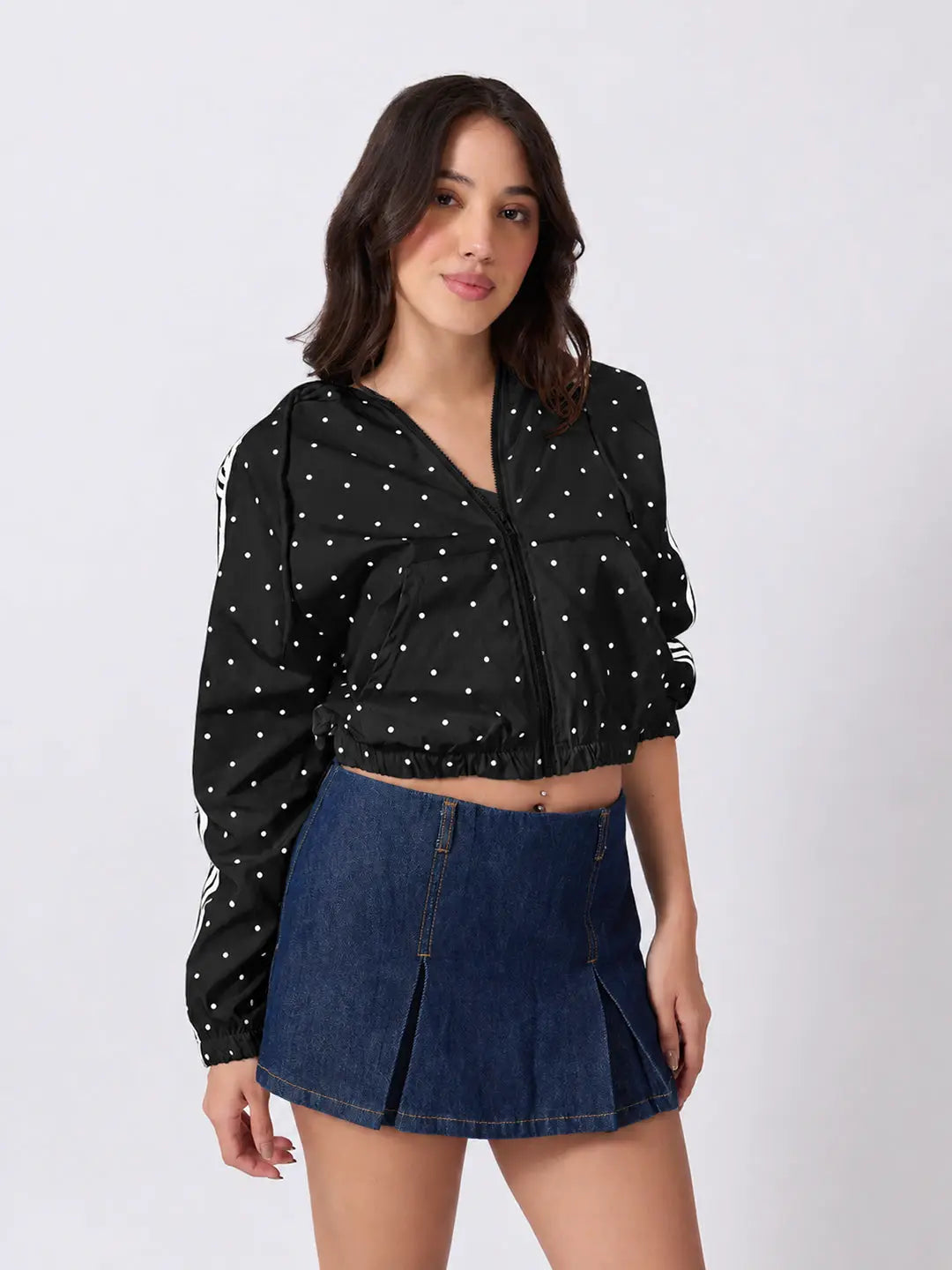 Women's Polka Dot Black Cropped Hooded Zip Up Jacket with Striped Sleeves