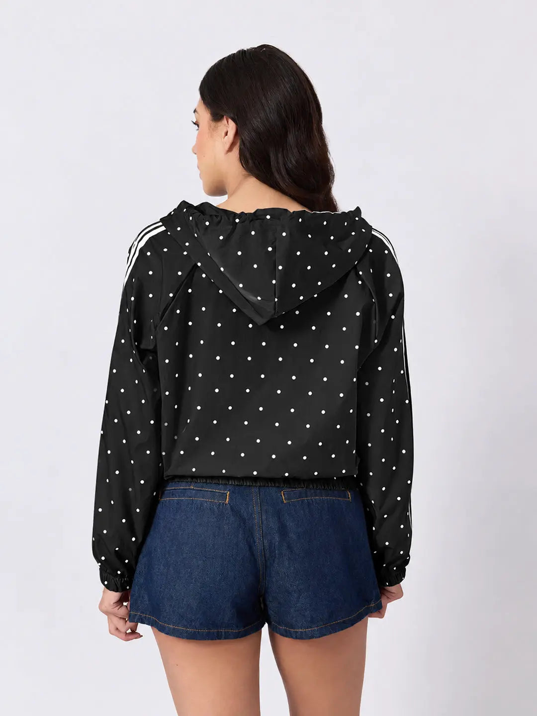 Women's Polka Dot Black Cropped Hooded Zip Up Jacket with Striped Sleeves