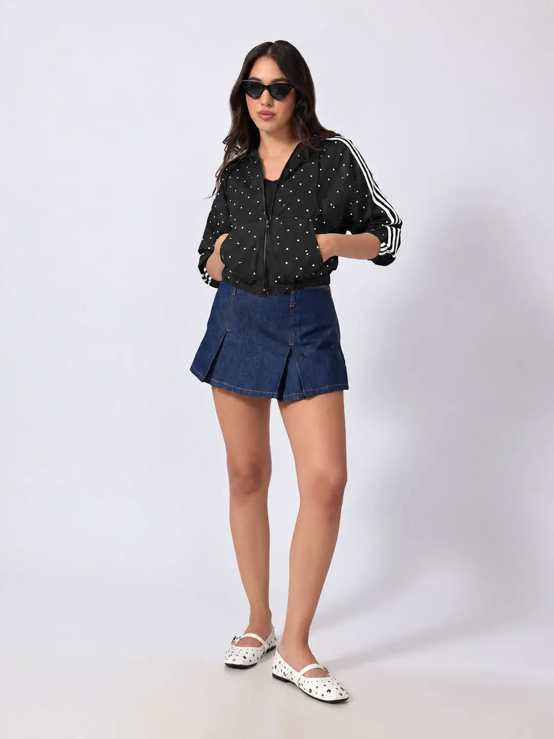Women's Polka Dot Black Cropped Hooded Zip Up Jacket with Striped Sleeves