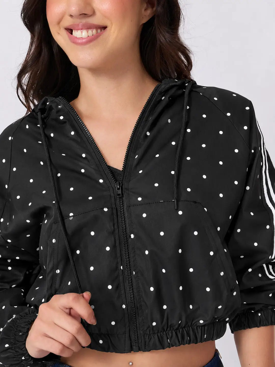Women's Polka Dot Black Cropped Hooded Zip Up Jacket with Striped Sleeves
