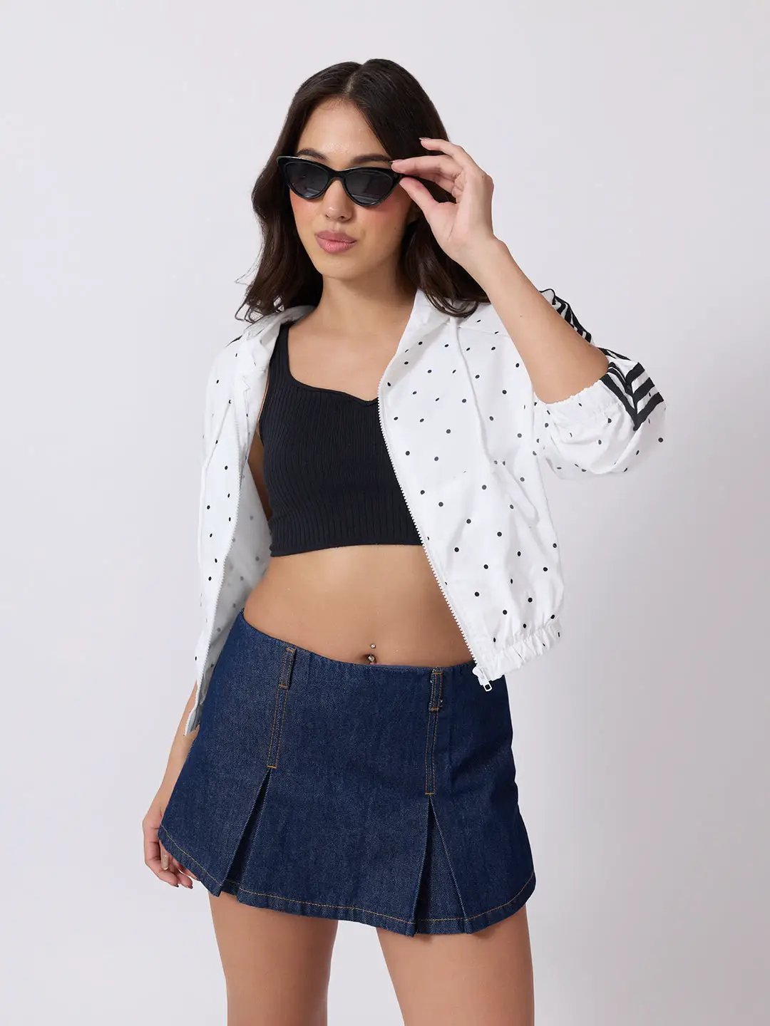 Women's Polka Dot White Cropped Hooded Zip Up Jacket with Striped Sleeves