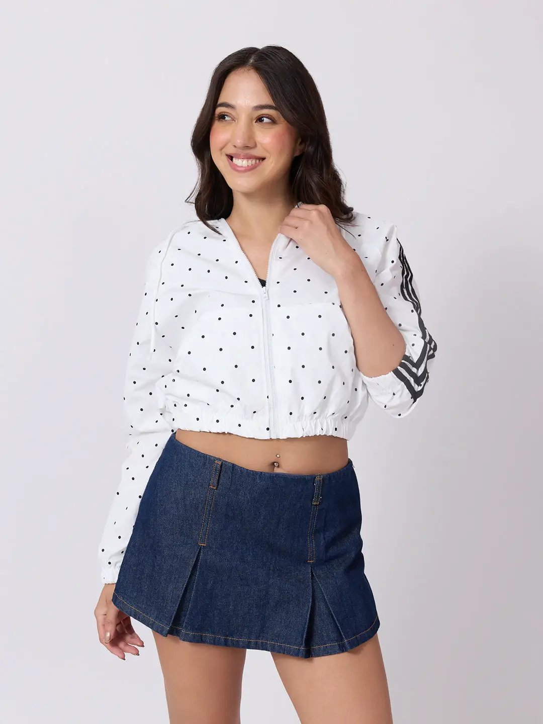 Women's Polka Dot White Cropped Hooded Zip Up Jacket with Striped Sleeves