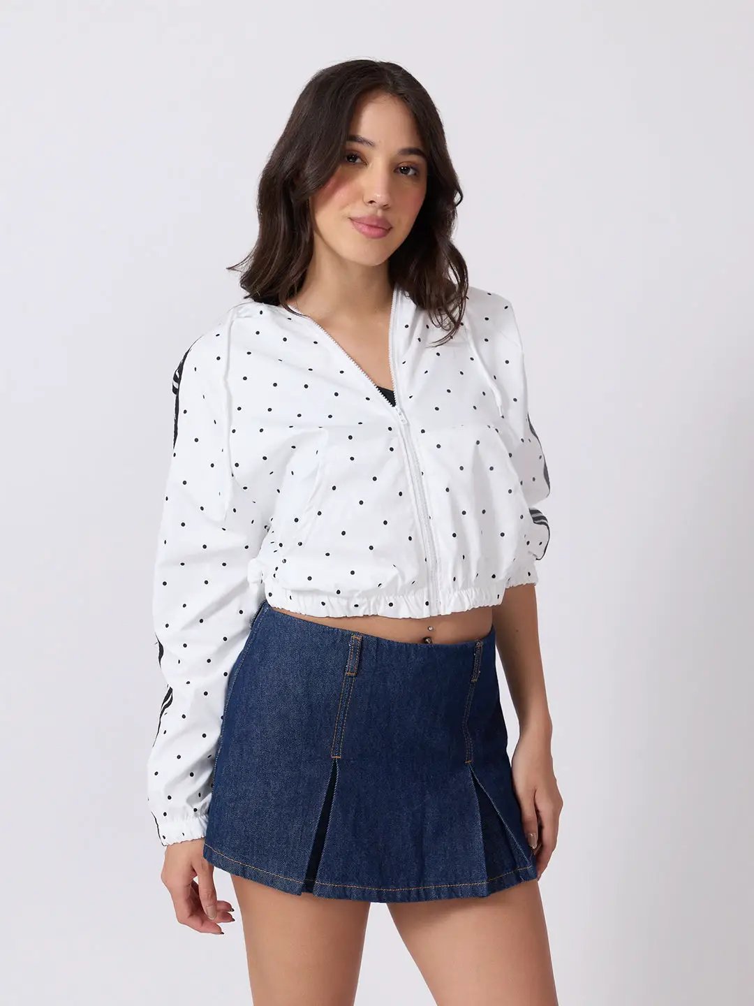 Women's Polka Dot White Cropped Hooded Zip Up Jacket with Striped Sleeves
