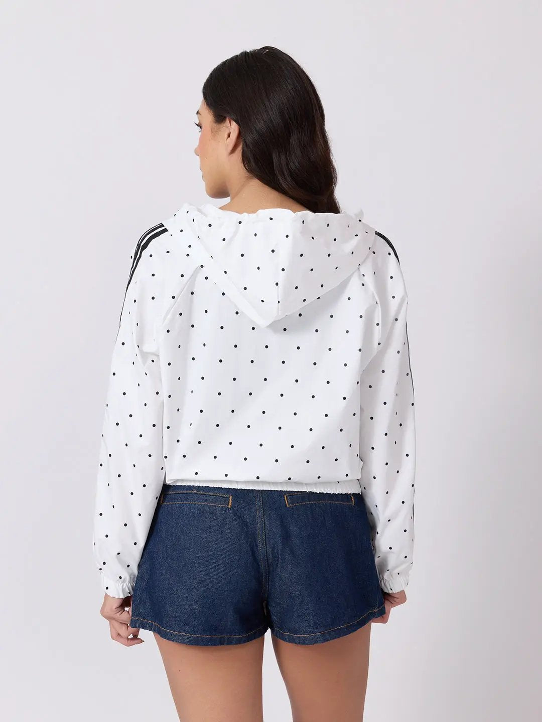 Women's Polka Dot White Cropped Hooded Zip Up Jacket with Striped Sleeves