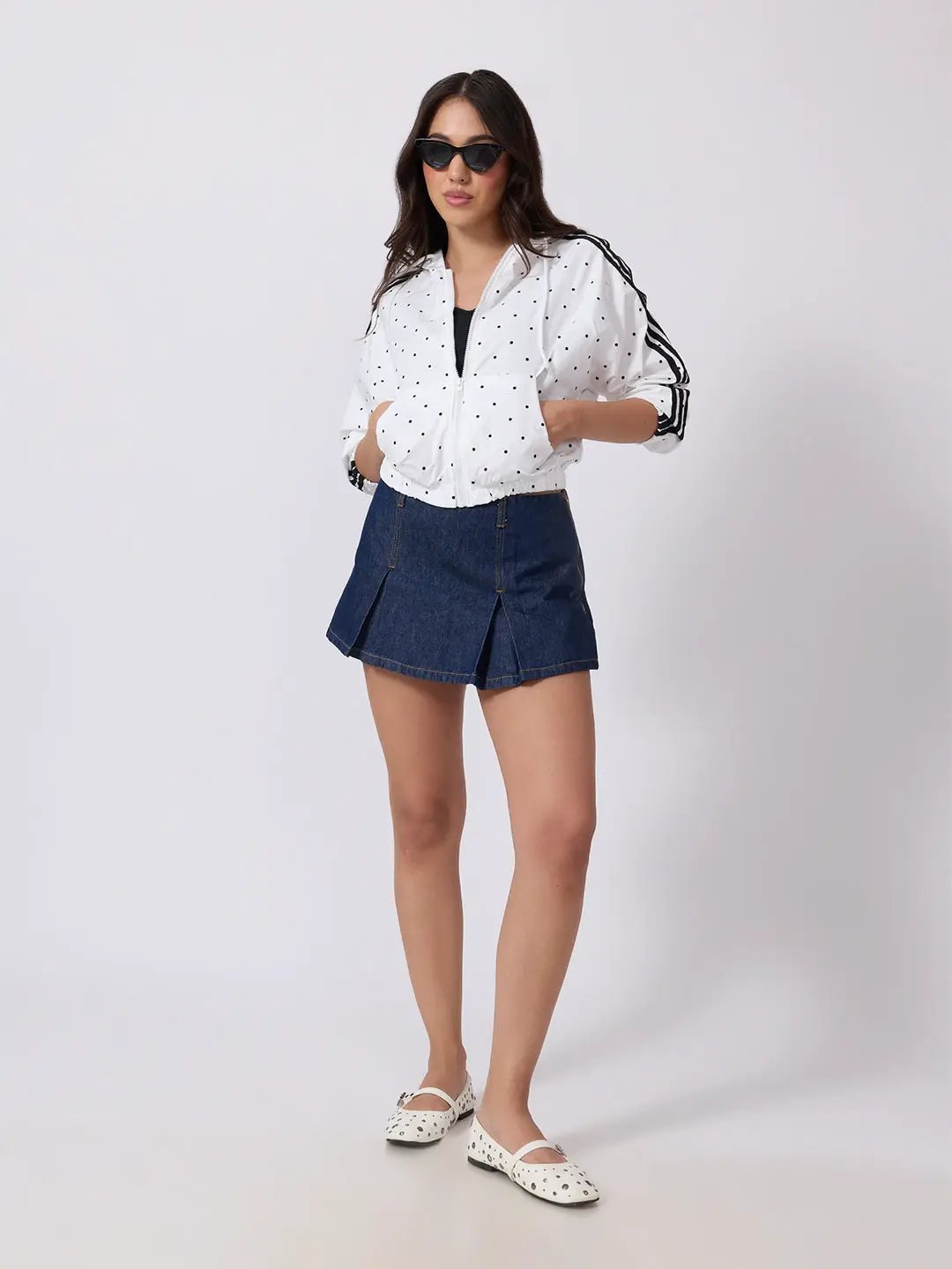 Women's Polka Dot White Cropped Hooded Zip Up Jacket with Striped Sleeves