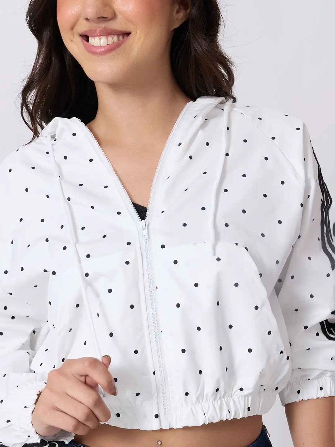 Women's Polka Dot White Cropped Hooded Zip Up Jacket with Striped Sleeves