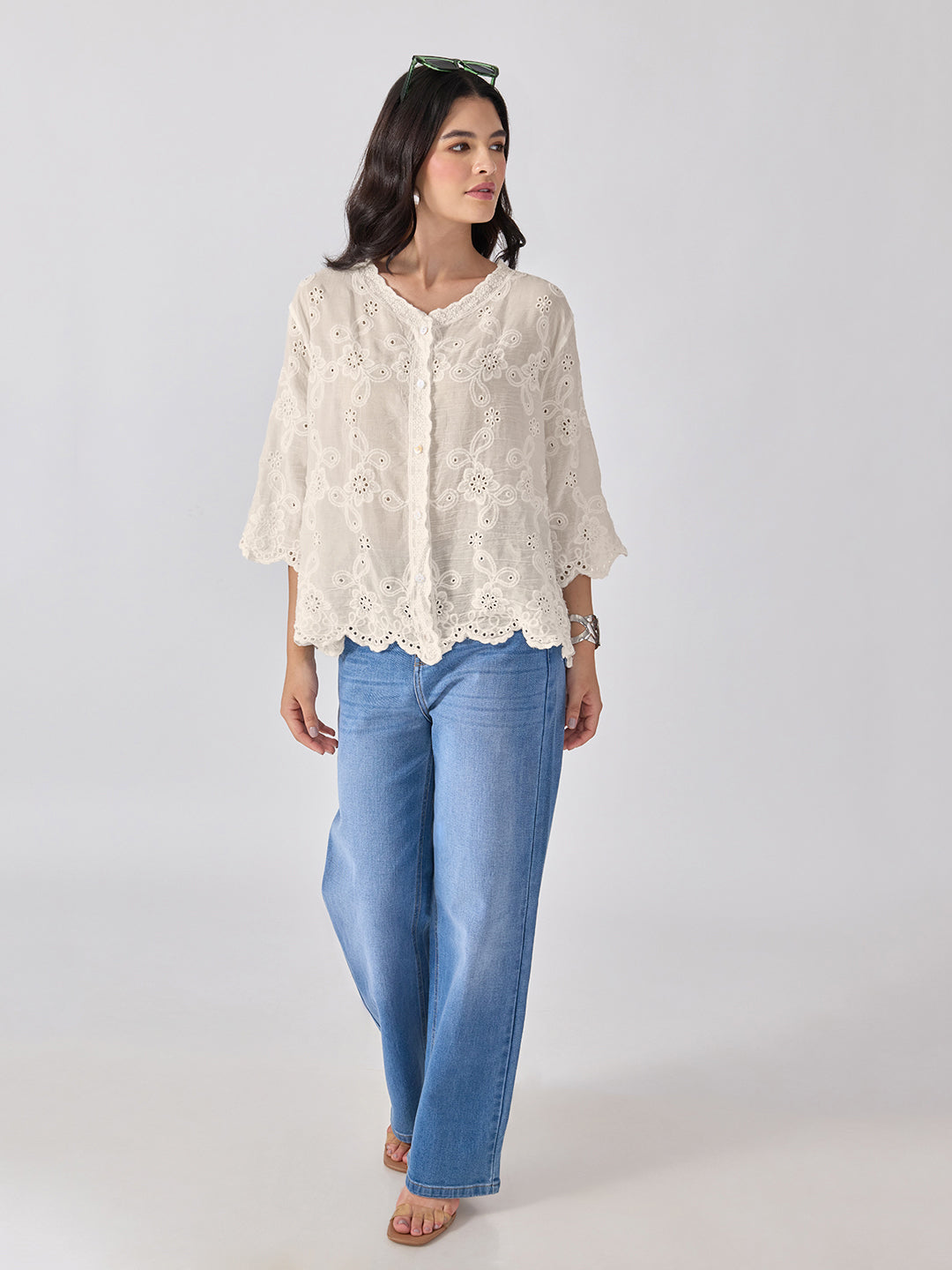 Women’s Floral Embroidered Cream Eyelet Top with Scalloped Hem