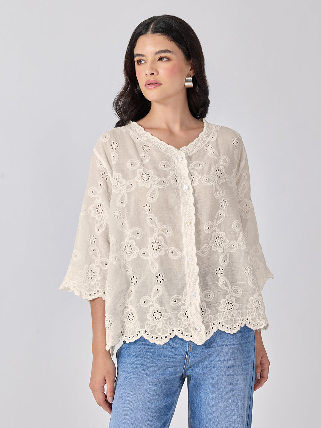 Women’s Floral Embroidered Cream Eyelet Top with Scalloped Hem