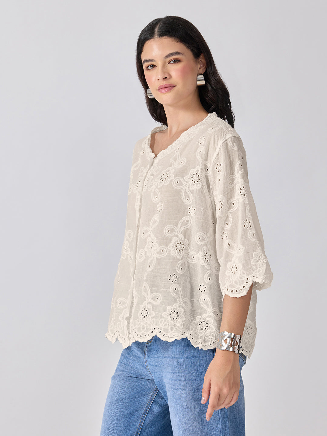 Women’s Floral Embroidered Cream Eyelet Top with Scalloped Hem