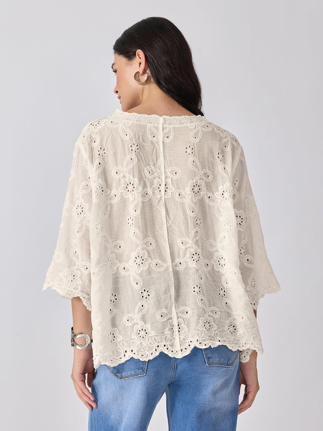 Women’s Floral Embroidered Cream Eyelet Top with Scalloped Hem
