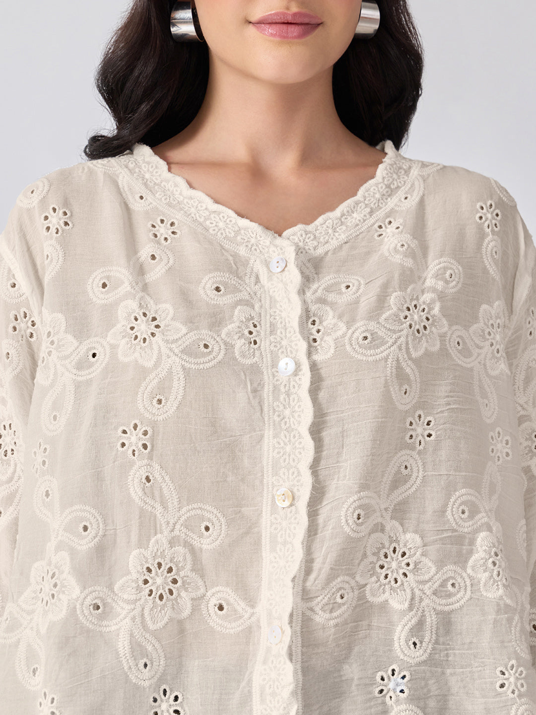 Women’s Floral Embroidered Cream Eyelet Top with Scalloped Hem