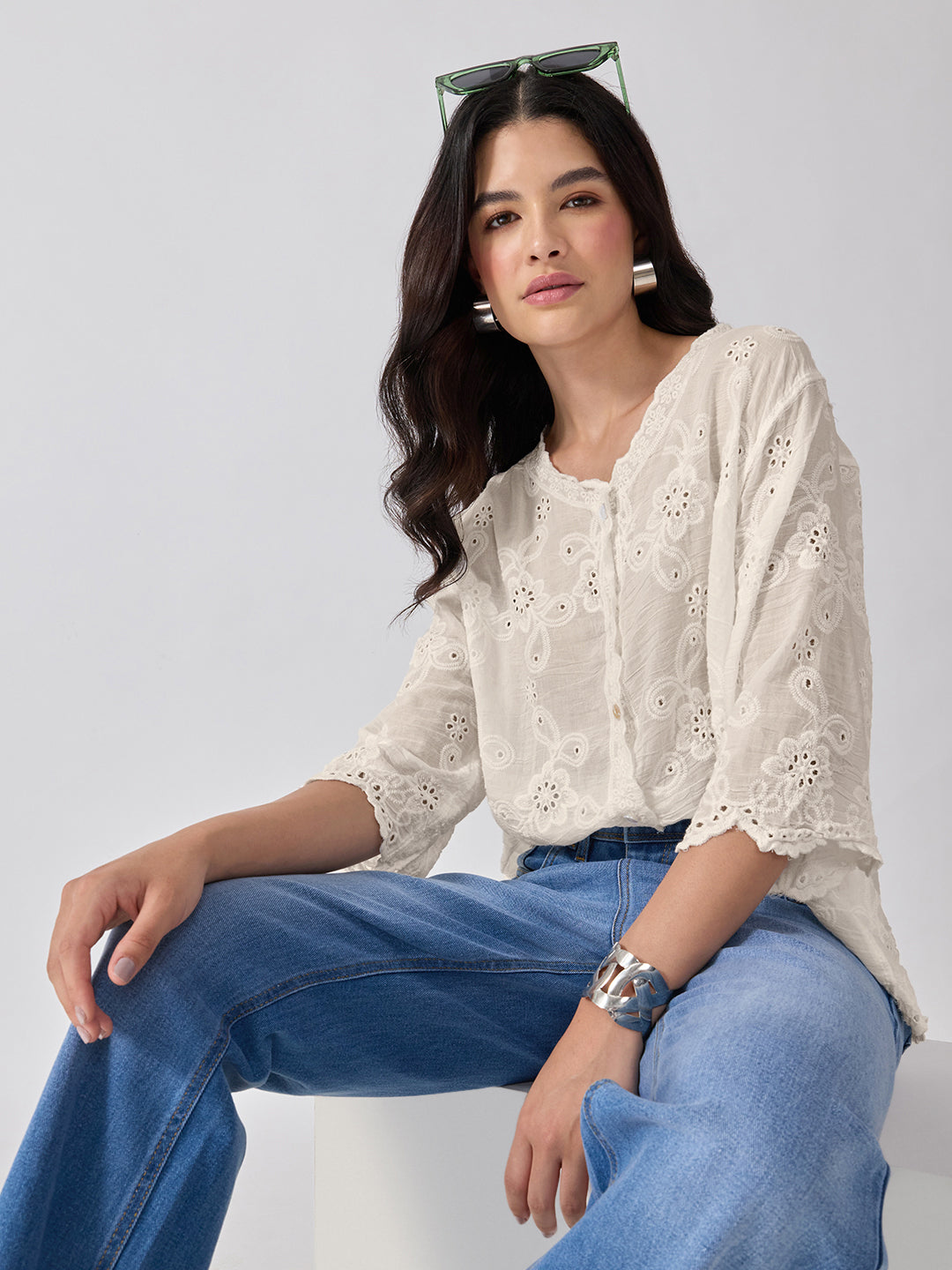 Women’s Floral Embroidered Cream Eyelet Top with Scalloped Hem