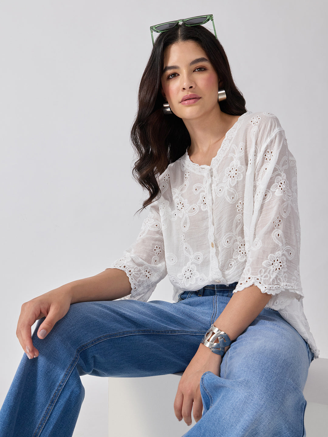 Women’s Floral Embroidered White Eyelet Top with Scalloped Hem