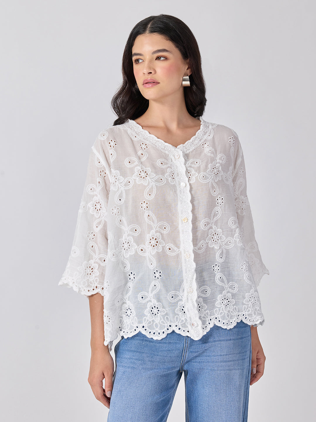 Women’s Floral Embroidered White Eyelet Top with Scalloped Hem